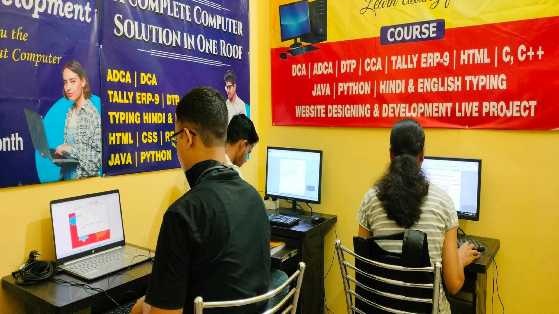 This is and image of arnab computer institute with 3 student learning computer. best computer institute franchise in bihar