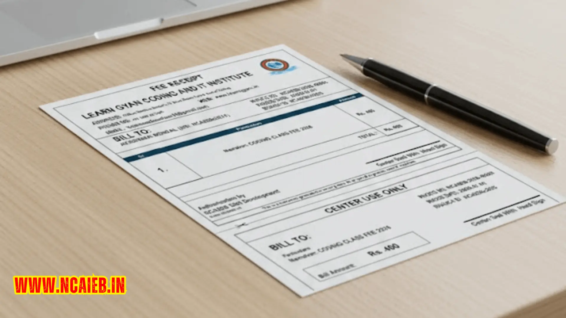 This image demonstrates how to make bill for computer institute using a clear, professional fee receipt format placed on an office desk.
