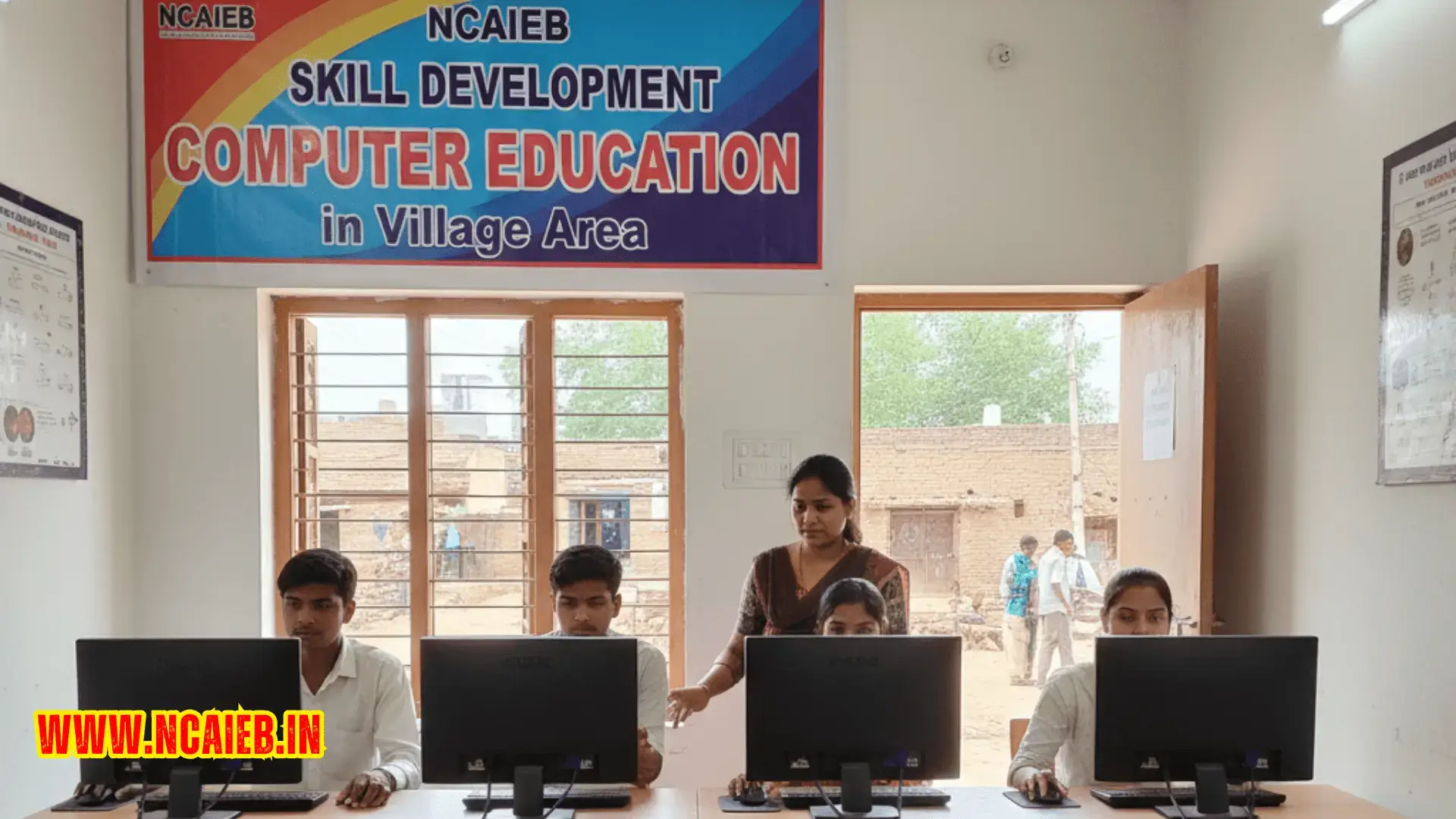 These images showcase the best free computer education franchise in village area by featuring NCAIEB Skill Development centers where rural youth learn coding and digital skills in modern, instructor-led classrooms.