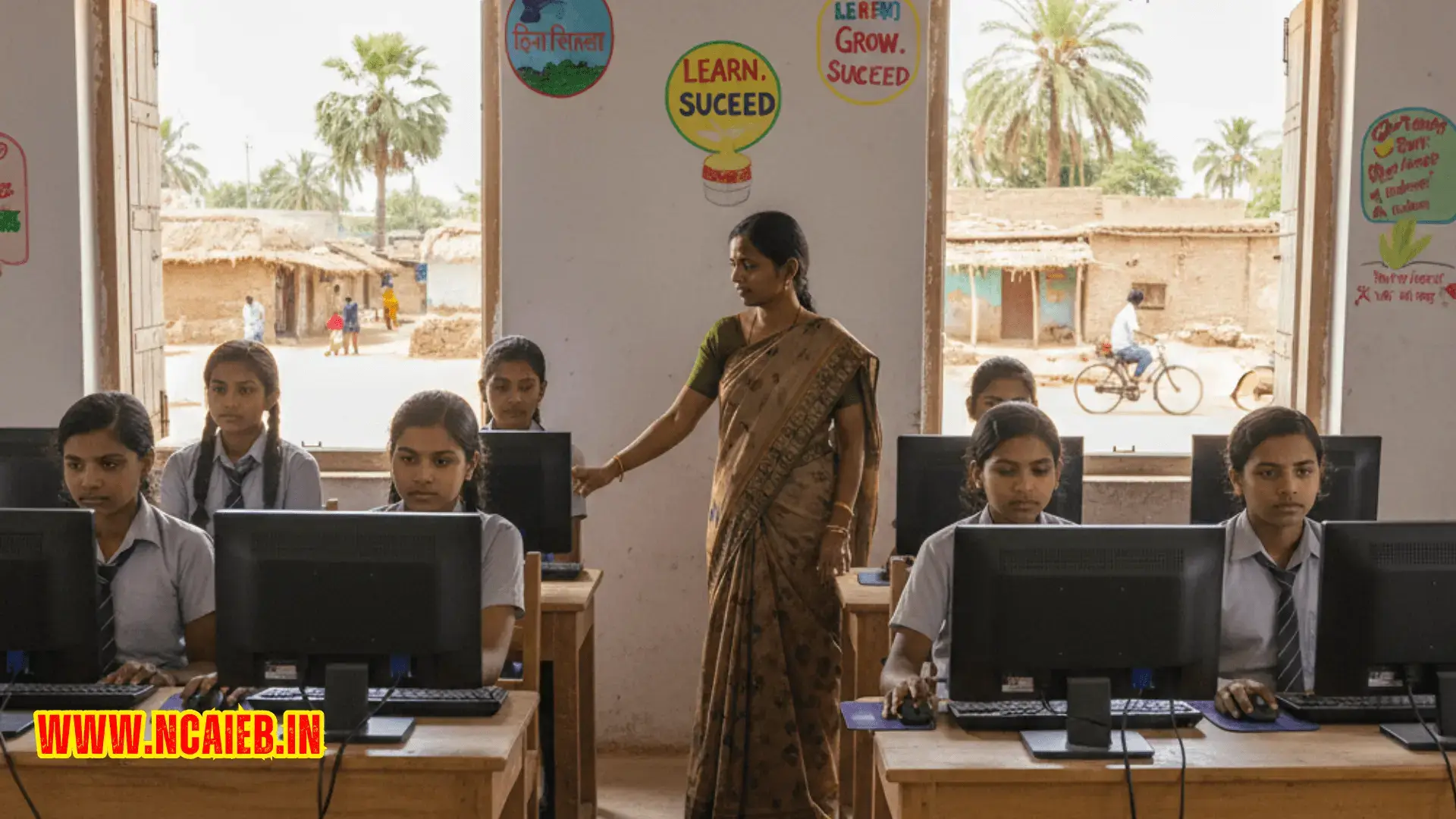 A rural Indian computer classroom transformed into a small free computer education franchise in village area, with 6–8 students learning on desktop computers, a teacher guiding them.