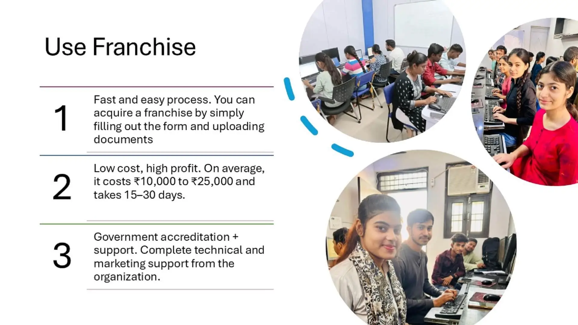 Students learning computer skills in a modern lab under the Best govt recognised computer institute franchise in India.