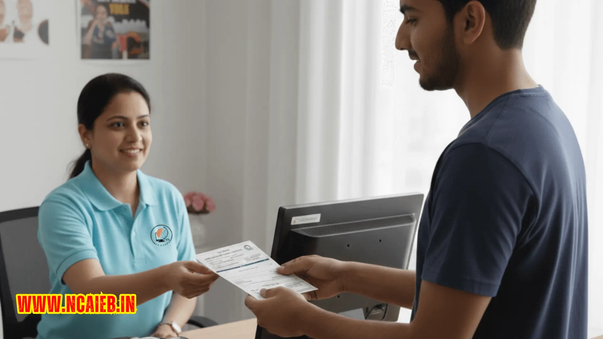 This image shows how to make bill for computer institute by professionally issuing a fee receipt to a student at an institute reception desk.